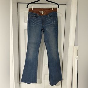 RAG & BONE VINTAGE WOMEN LEATHER WAISTBAND ELEPHANT BELL JEANS, SIZE 28